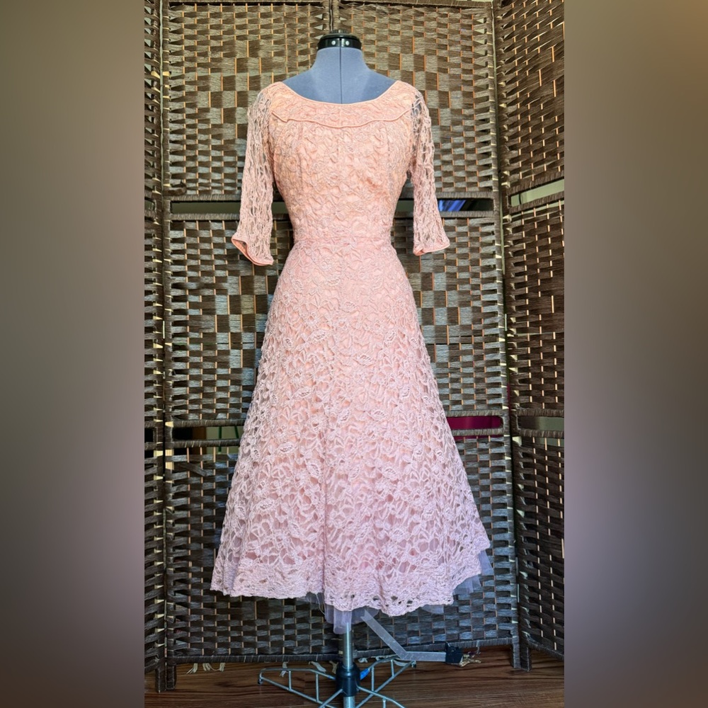 Sz M 1950’s Lace Pink Vintage Tea Time Los Angeles Dress Tulle Chiffon Mauve
